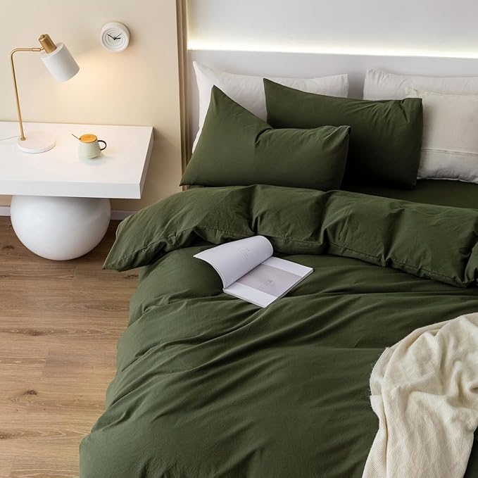 JIYUAN 100% Washed Cotton Duvet Cover Set 3 PCS Oversized King Plus, 1 Duvet Cover 128"x120"(Comforter Not Included) and 2 Pillowcases,Linen Feel Bedding Set Comfy and Breathable,Olive Green