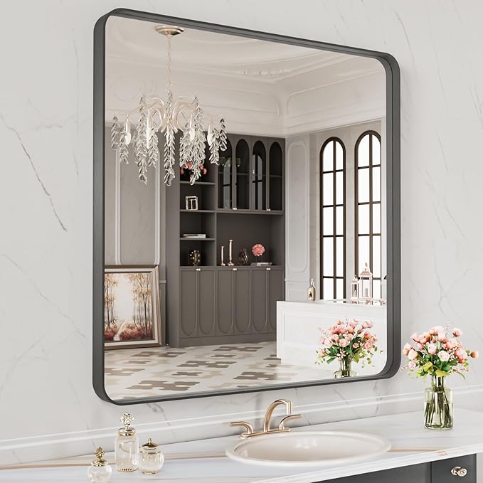 LOAAO 32X32 Inch Black Metal Framed Bathroom Mirror