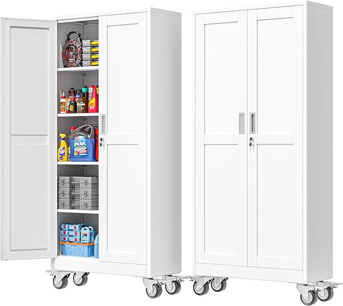 71''H Tall Metal Garage Storage Cabinet with Wheels,Steel File Cabinets with 2 Doors and 4 Adjustable Shelves for Home Office, Warehouse, Required Assembly,White
