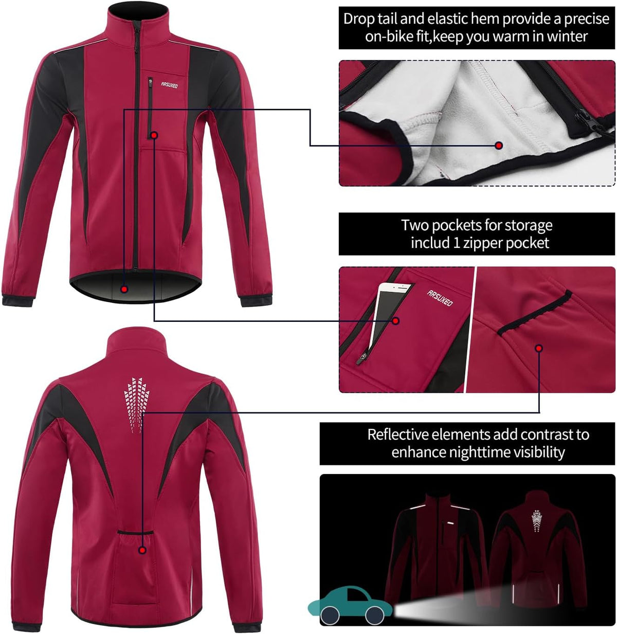 Windproof Waterproof Thermal Cycling Jacket for Winter | ARSUXEO 15K Softshell