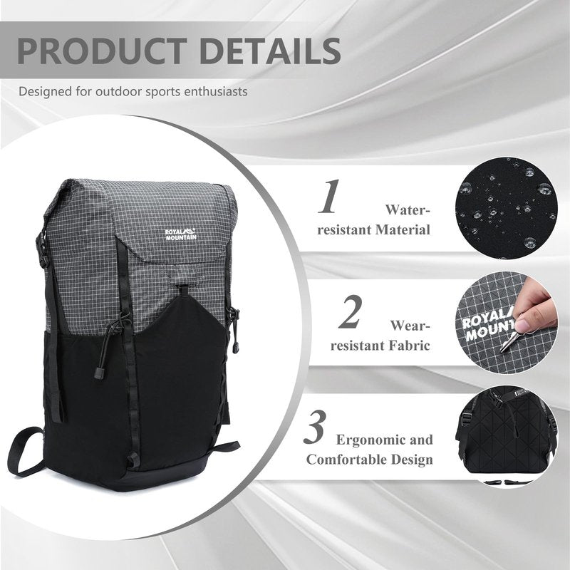 ROYAL MOUNTAIN 20l Hiking Backpack For Women&Men, Water Resistant Daypack Backpacks, Foldable & Packable Hiking Backpack, Lightweight Small Daypack For Travel Camping (Grey)