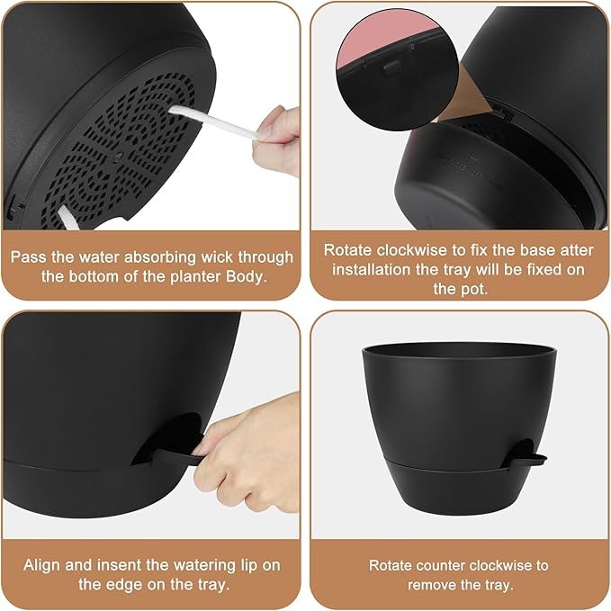 QRRICA Plant Pots 10/9/8/7.5/7 Inch Self Watering Pots, Set of 5 Plastic Planters with Drainage Holes and Saucers,Plastic Flower Pots,Nursery Planting Pot for Indoor Out Door Plants(All Black)