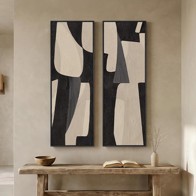 Long Narrow Framed Neutral Abstract Vertical Wall Art