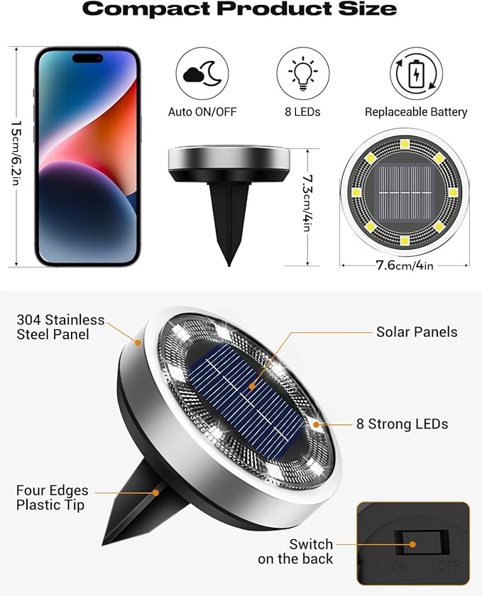 btfarm 4 Pack Solar Lights Outdoor, 8 LED Solar Ground Lights IP65 Waterproof Flat Solar Disc Light, Pathway Lights for Garden Lawn Patio Yard Path Landscape, Cool White