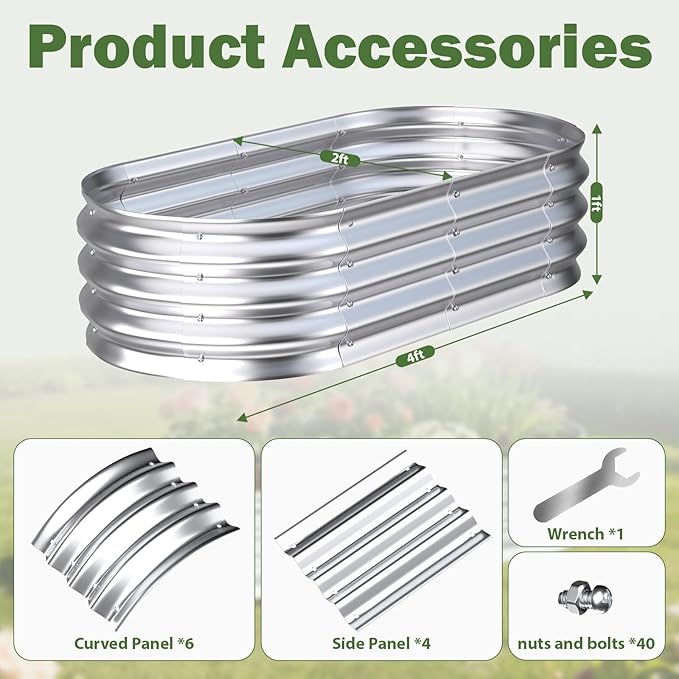 Galvanized Raised Garden Bed Outdoor, 4x2x1ft Metal Heavy Duty Planter Boxes for Gardening, Easy Assemble Bottomless Small Oval Plant Container Kit for Vegetable, Flower, Fruit, Silver, 1Pack