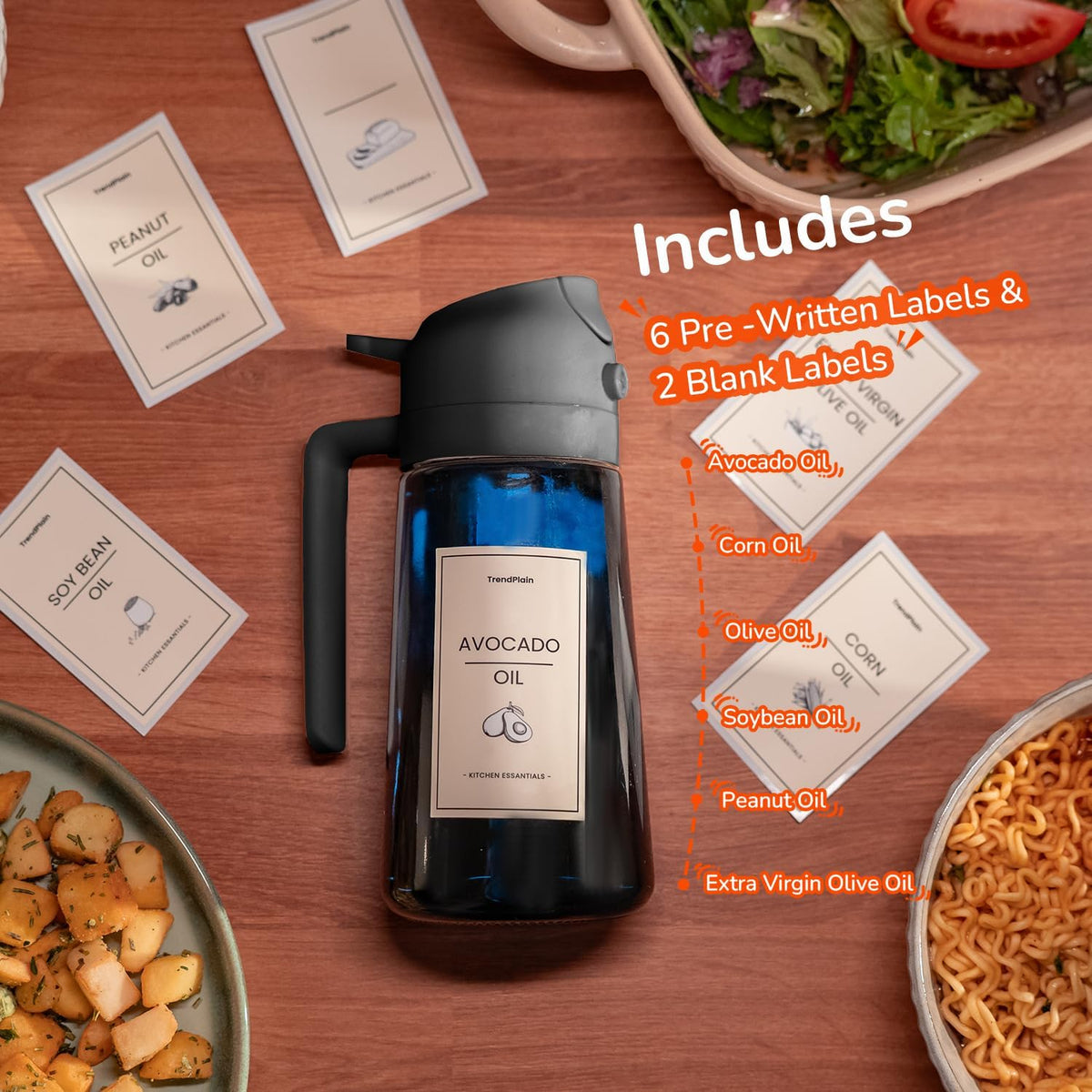 TrendPlain 16oz/470ml Blue Glass Olive Oil Sprayer for Cooking - 2 in 1 Olive Oil Dispenser for Kitchen Gadgets, Air Fryer, Salad, and BBQ - 2 Black