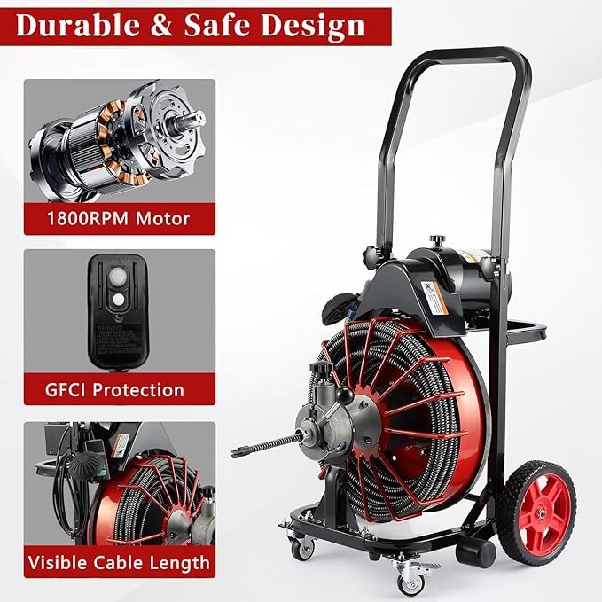 Winado Drain Cleaner Machine 100 FT x 1/2 Inch, 550W Portable Electric Drain Sewer Auger Cleaning Auto Feed with 4 Cutter, Air-activated Foot Switch, Gloves for 1" to 4" Pipes