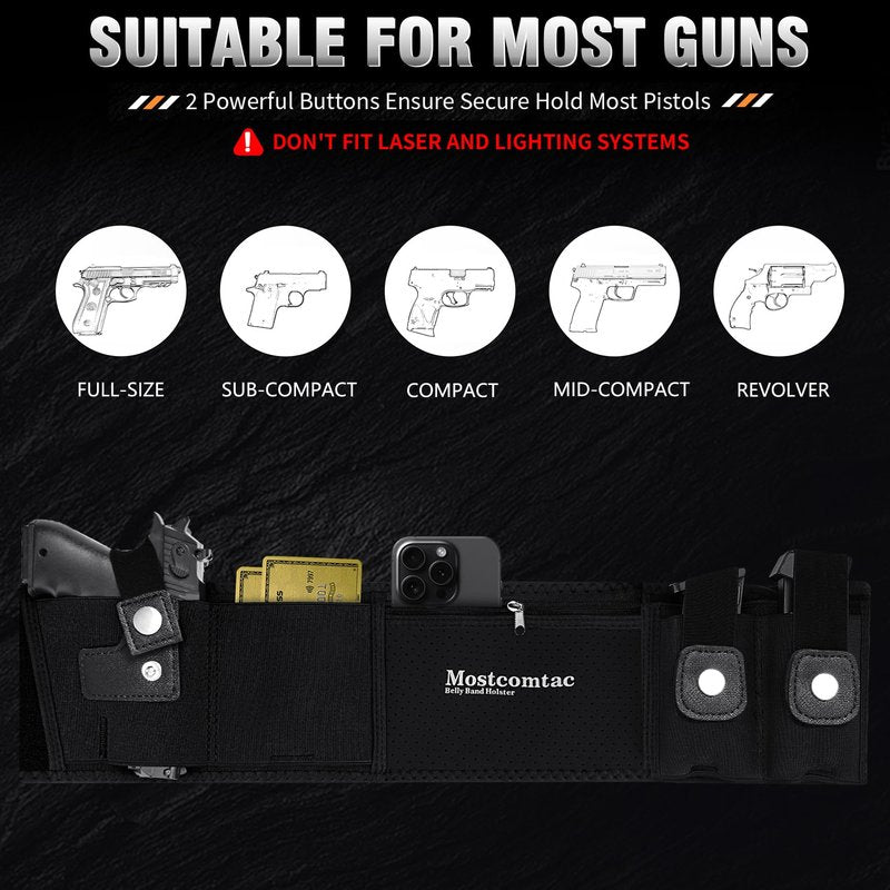 Mostcomtac Belly Band Holster for Men & Women - Comfortable Carry Gun Holster with Breathable Neoprene, Fits Glock 17-43X, Taurus, Ruger LCP, S&W M&P Shield for Most Pistols and Revolvers