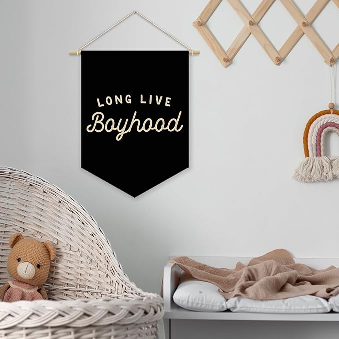 Boy Room Decor,Long Live Boyhood Black Canvas Banner Nursery Playroom Wall Decor for Boys Bedroom Toddler Decorations Teen Boy Room Decor,Playroom Decor Wall Hanging Flag 15x11 Inch