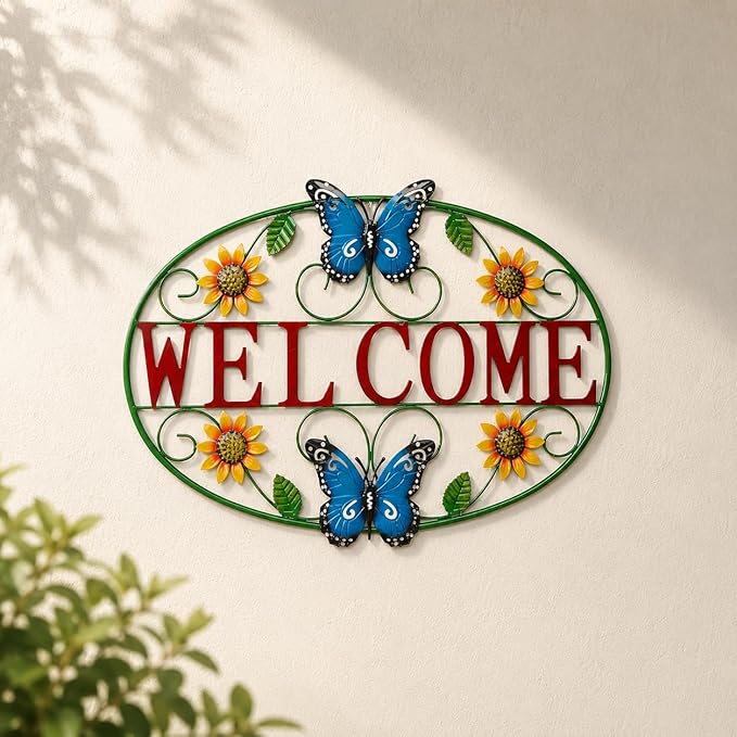 Glitzhome Metal Welcome Sign, Outdoor Metal Welcome Signs for Outside with Vivid Butterfly Wall Decor, Sunflower Garden Art Plaque for Porch Home Decoration
