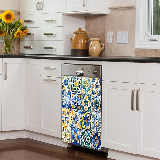 Dishwasher Magnet Cover Ethnic Mexican Tile Pattern Reusable Dishwasher Magnetic Cover Sticker Decorative Dish Washer Door Cover Panel for Home Kitcen Appliance, 21x26 in