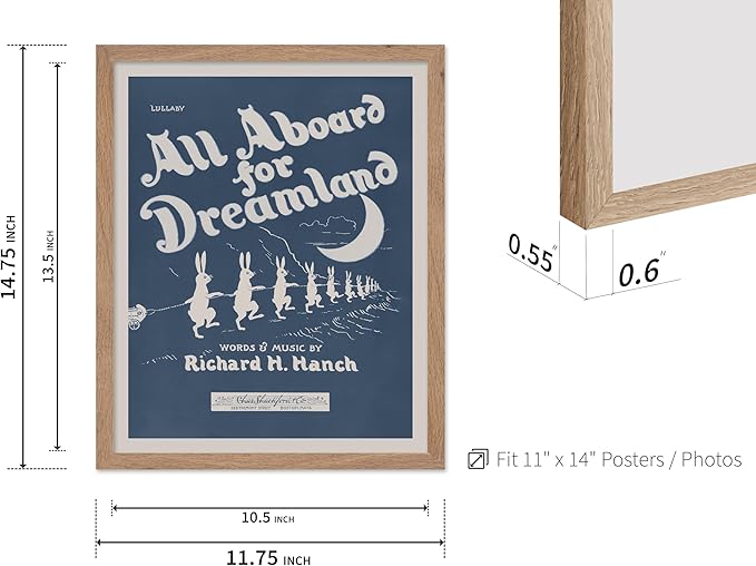 Poster Master All Aboard For Dreamland Poster - Retro Children's Lullaby Print - Story Book Art - Bunny Art - Rabbit Art - Aesthetic Art - Kid's Bedroom or Nursery Wall Decor, 11x14 Beige Framed