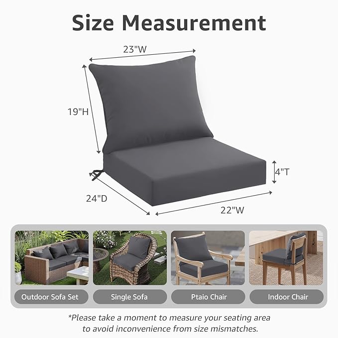 PatioGlow Outdoor Seat Cushion Set 22 x 24 x 4 Inch, Waterproof & Fade Resistant Patio Furniture Cushions with Removable Cover and Ties, Thick Deep Seating Pads for Outside Chair Sofa Couch, Grey