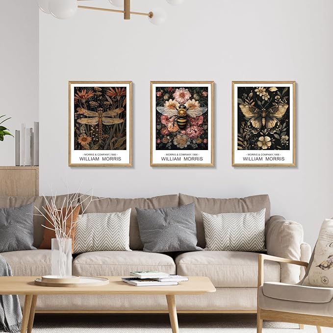 Cyebmo William Morris Wall Art, Vintage Floral Wall Decor, Dark Botanical Art Prints, Butterfly Bee Dragonfly Nature Artwork for Living Room Bedroom Bathroom Wood Framed Ready to Hang 16"x24"x3