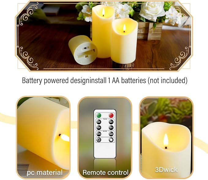 Flameless Candles with Remote Timer, Battery Operated Realistic Flickering LED Candles, 9 Packs Fake Candles for Home Decor (D3 x H 3" 4" 5" 6" 7") (Ivory)