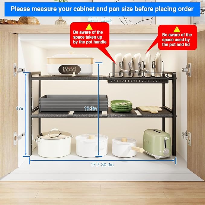 Pots and Pans Organizer Under Cabinet, Expandable 2 Tier Under Sink Organizers and Storage Adjustable Height Kitchen Pot and Pan Lid Holder Rack with 6 Dividers(6panels,1 Pot rack, Black)