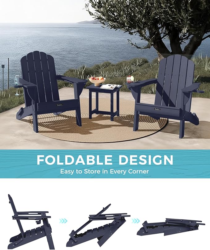Adirondack Chairs Set of 4, Foldable Adirondack Chairs with 2 Cup Holder, Wood Texture HDPE Fire Pit Chairs, Outdoor Lawn Chair for Patio Garden, Dark NavyBlue