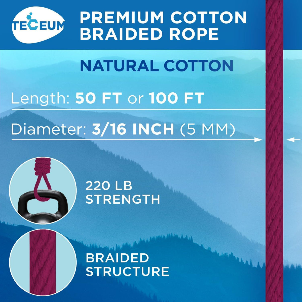 TECEUM Cotton Rope 3/16” (5 mm) – 100 FT – Strong All-Purpose Braided Rope – Natural Cotton – for Crafting, Сamping, Clothes Line, DIY, Indoor & Outdoor Use – Deep Pink