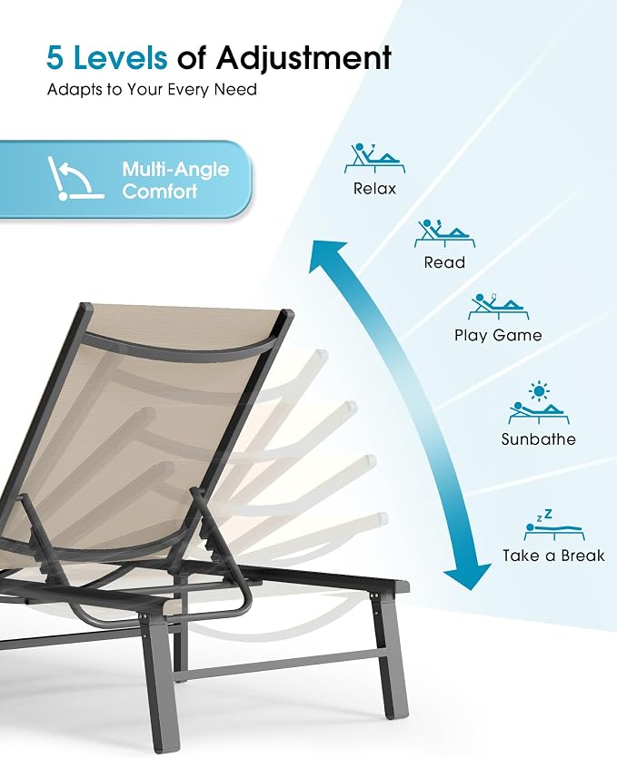 Ciokea Foldable Outdoor Lounge Chair, No Assembly Patio Chaise Lounge Outdoor with 5-Positions, Aluminum Pool Lounge Chair with Portable Design for Pool, Beach, Deck, Backyard, Khaki