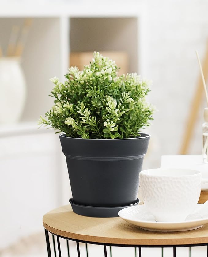 homenote Plant Pots,6/7.5 Inch Flower Pots for Plants Plastic Planters for Indoor with Multiple Drainage Holes and Trays, for All Home Garden Flowers Succulents,Outdoor(Black,10 Pack)