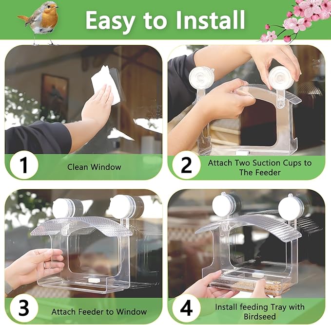 Gbekery Window Bird Feeder with Strong Adhesive Suction Cups, Clear Bird Feeders for Window Viewing, Acrylic Window Bird Houses for Viewing Inside, Suction Bird Window Feeder for Cats