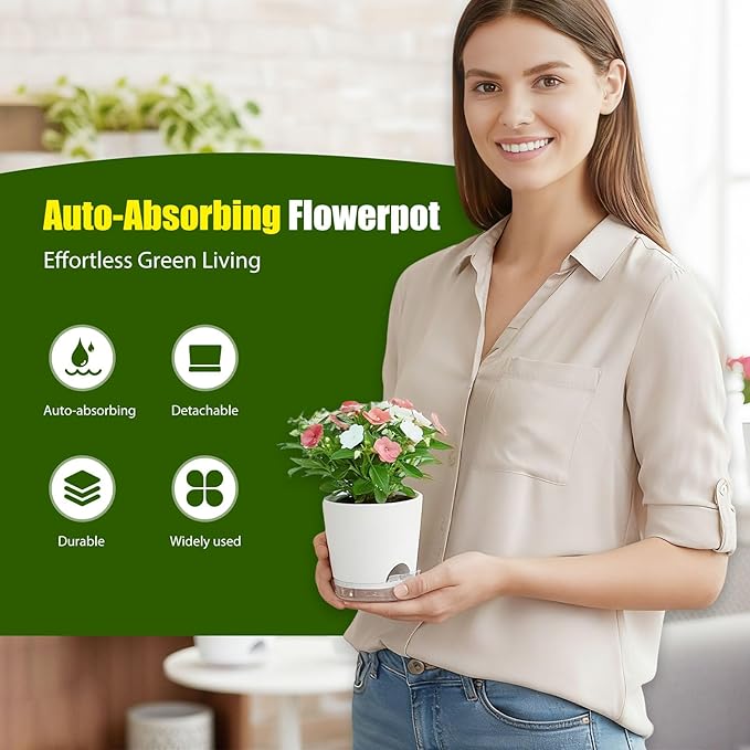 Plant Pots 5 Inch Self Watering Pots,6 Pack Plastic Planters with Drainage Holes and Clear Saucers,Plastic Flower Pots,Nursery Planting Pot for Indoor Out Door Plants (White)