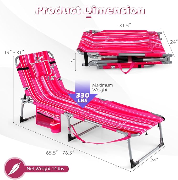 GYMAX Tanning Chair, 330LBS Beach Lounge w/Face Arm Hole & Shoulder Strap, Folding Layout Sunbath Chair, Face Down Outdoor Chaise Lounger for Patio, Poolside, Lawn, Backyard (1, Pink Stripe)