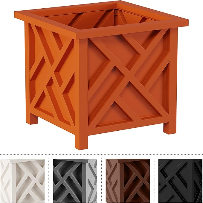 Lattice Design Outdoor Planter Box - 14.75” Square 13” Tall Terracotta Plant Pot - Decorative Plant Pots for Front Porch Decor - Flower Pots Outdoor Planters for Porch Patio or Garden by Pure Garden