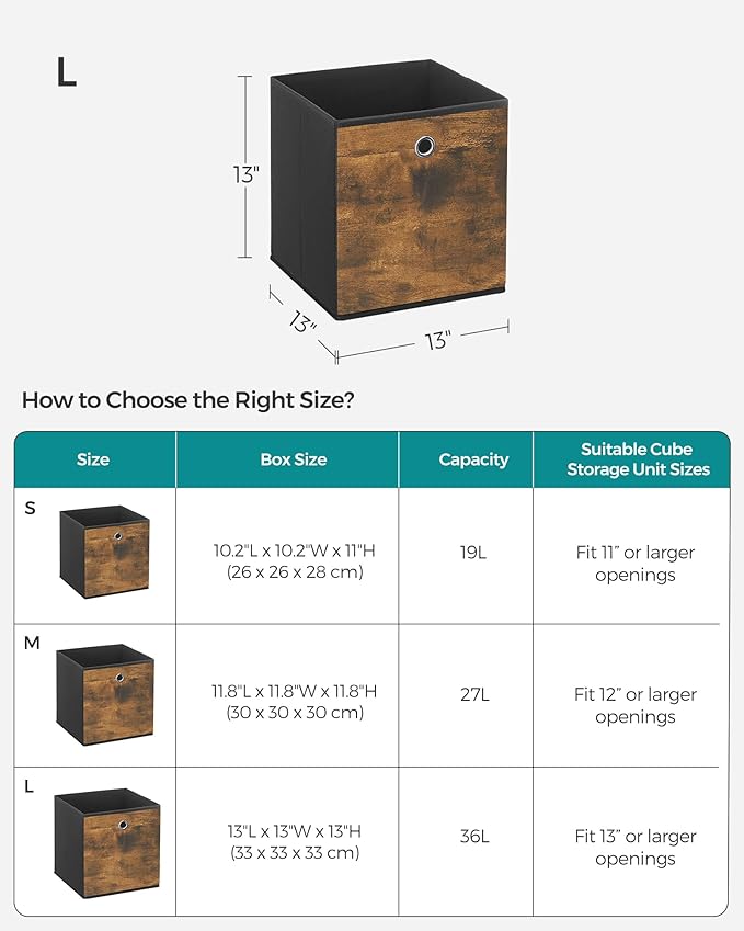 SONGMICS Storage Cubes, Set of 6 Storage Bins with Handles, Foldable Oxford Fabric and Non-Woven Fabric Storage Boxes, 13x13x13 Inches, Fit Cube Storage Unit, Rustic Brown URFB133B01