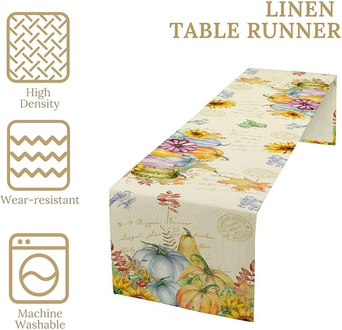 Fall Table Runner Watercolor Pumpkins Sunflowers Maple Leaves Baroque Floral Birds Country Thanksgiving Home Decor for Farmhouse Indoor Outdoor Party Holiday Dining Kitchen Restaurant Cafe W13xL120in