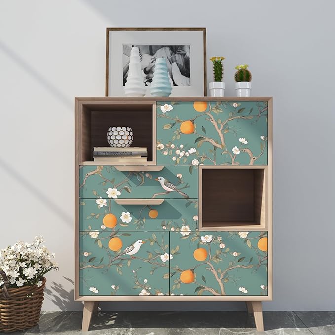 Green Floral Wallpaper Peel and Stick, Birds Contact Paper Orange Fruits