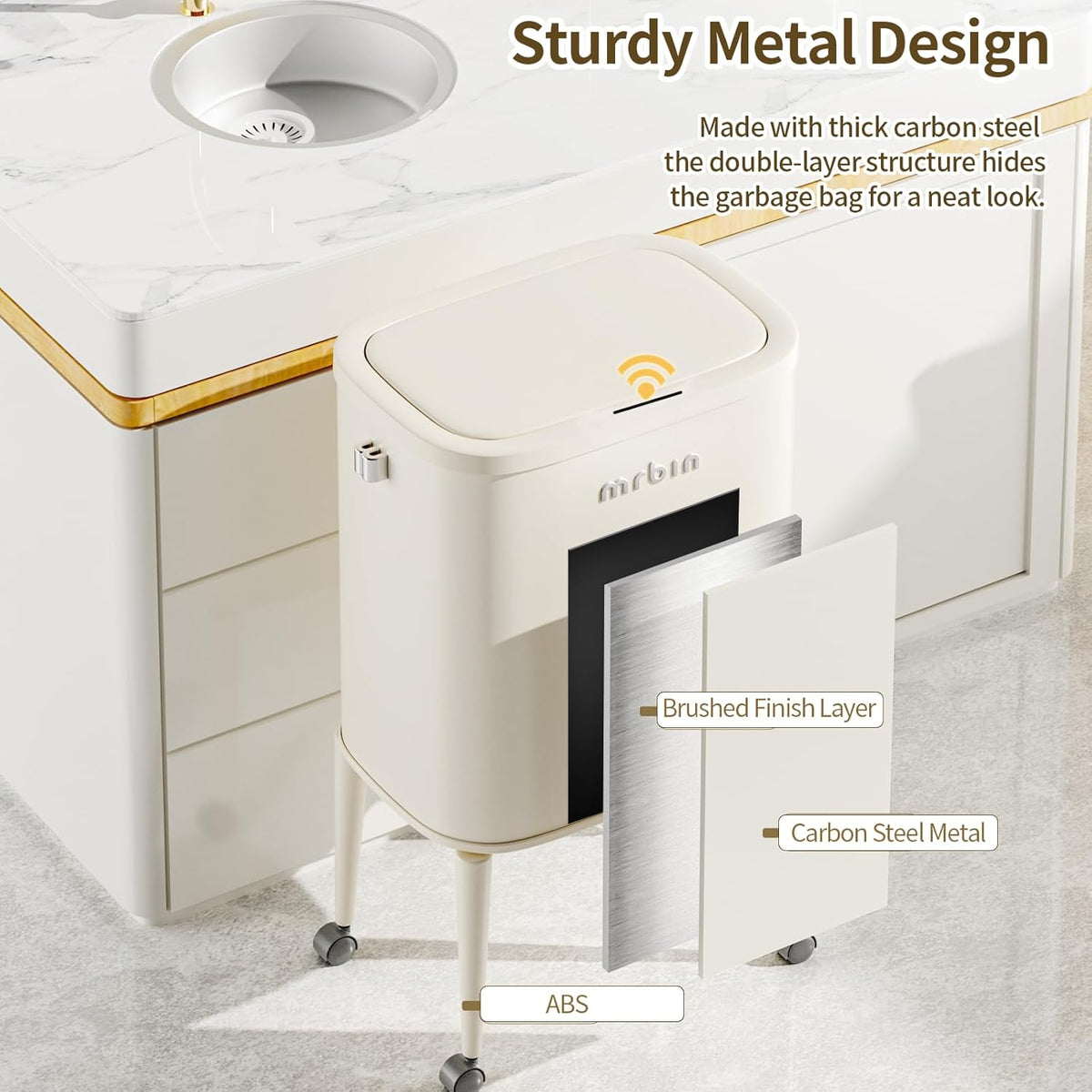 MRBIN Metal Motion Sensor Kitchen Trash Can with Wheel Legs, 36L / 9.5gal Medium Press Lid Slim Waste Basket, Pet Proof Tall Narrow Garbage Pail for Vanity, Bedroom, Bathroom, Living Room, Sunflower