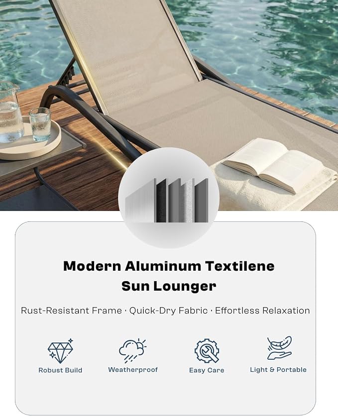 Adjustable Patio Chaise Lounge Chair, Outdoor Pool Lounger for Sunbathing & Tanning, All-Weather Textilene Sun Bed for Beach, Porch & Deck, Rust-Proof Aluminum Frame, Beige