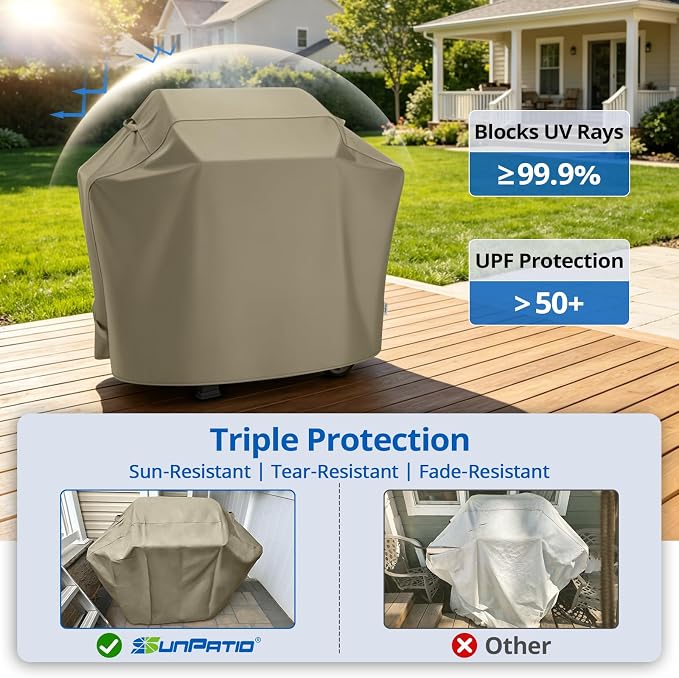 SunPatio Grill Cover 48 Inch for Outdoor Grill, Heavy Duty BBQ Cover with Waterproof Sealed Seam, FadeStop Material, All Weather Resistant Compatible for Weber CharBroil Nexgrill and More, Taupe