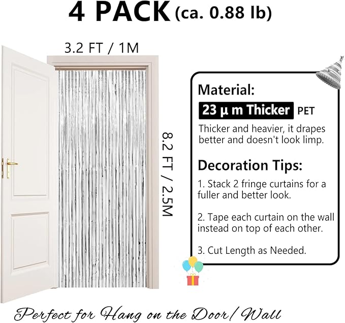 Christmas Decorations Thicken Silver Streamers, 4 Pack 3.2 x 8.2 FT Silver Tinsel Backdrop Curtains, Foil Fringe Photo Backdrop for Birthday, Bachelorette, Prom, Engagement, Disco Party Decorations