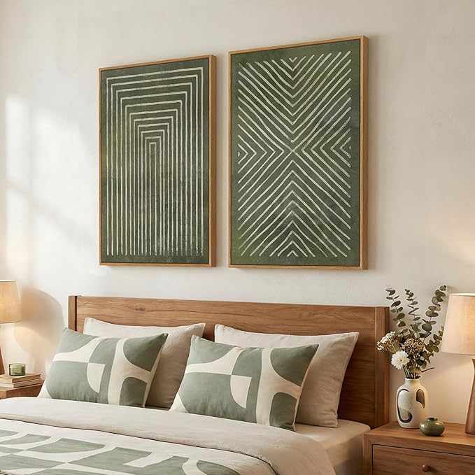 Large Framed Green Abstract Wall Art, 2 Piece Modern Canvas Prints Paintings