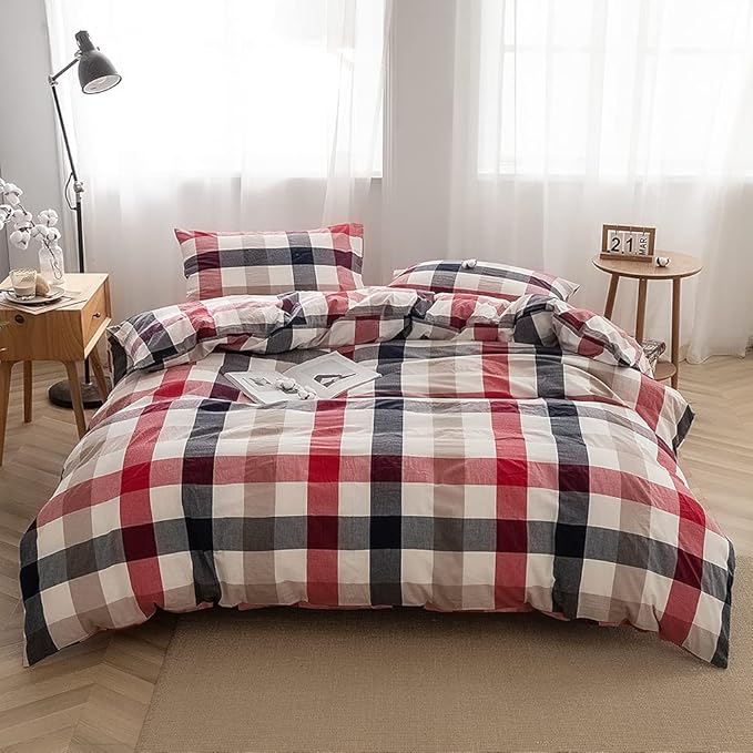 FACE TWO FACE Bedding Duvet Cover Set 3 Pieces 100% Washed Cotton Duvet Cover Linen Like Textured Breathable Durable Soft Comfy(King, Blue red Grid)