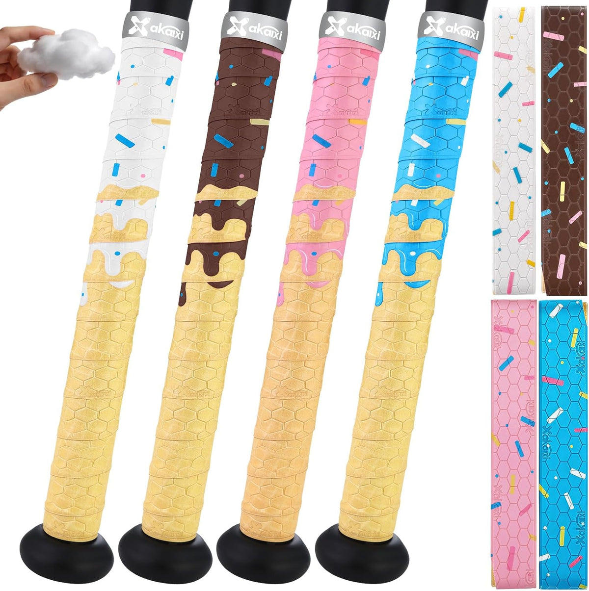 Skiennix Ice Cream Drip Baseball Bat Grip Tapes - Non-Slip, Sweat-Absorbent Wraps | 2/4 Pack, 0.5mm/1.1mm/1.75mm