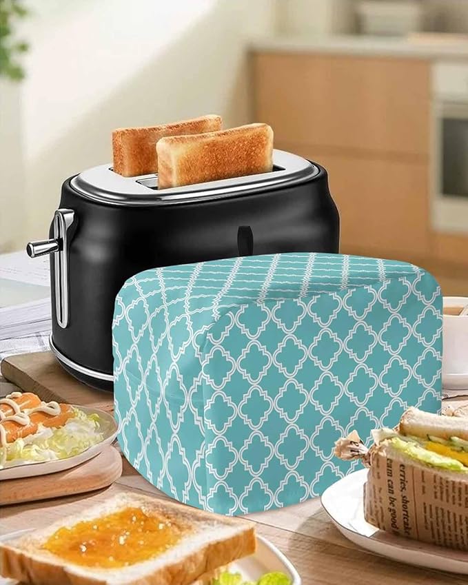 Toaster Cover 4 Slice Moroccan Pattern Toaster Oven Cover with Pockets Geometric Trellis Cyan Blue Dustproof Bakeware Protector Small Kitchen Appliance Dust Covers and Fingerprint Protection for Women