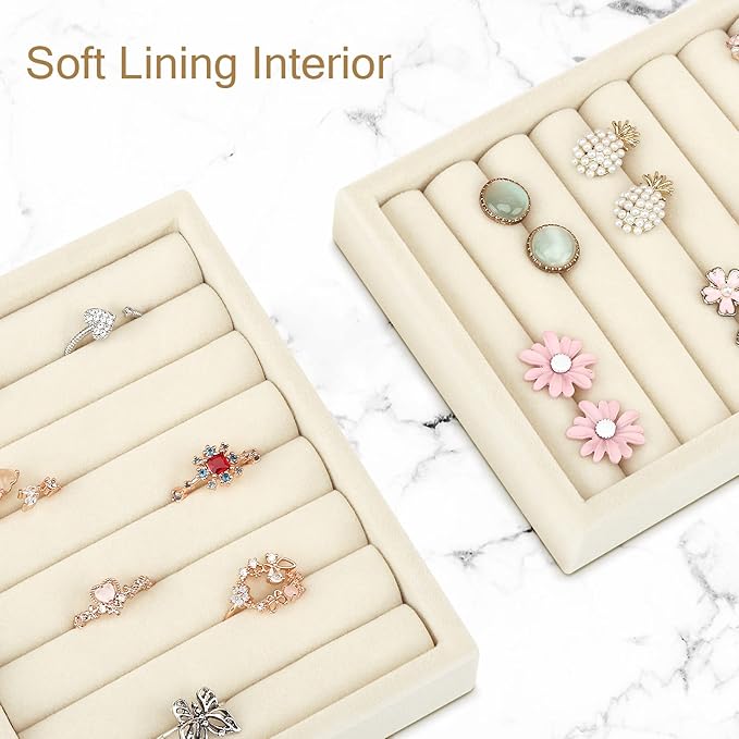 Small Jewelry Tray-Ring Organizer 2PCS Premium Velvet Rings Earrings Display Tray Storage Insert Holder for Jewelry Box, Drawer, Dresser (8 Slots, Beige)