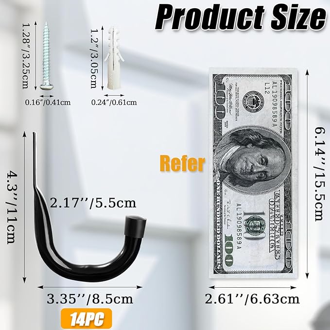 KURUI Large Metal Wall Hooks for Hanging Living Room/Bedroom/Garage, 14Pcs Garage Organization and Storage Hook for Tool Coat Backpack Bag, Black Wall Mount Hanges for Outdoor Indoor