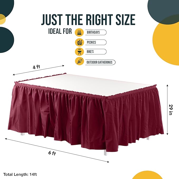 Ruffle Table Skirt Burgundy 48 Pack 14 Ft Long Table Skirts for Rectangle Tables 6ft Plus or Round Tables Skirts with Adhesive Strip for Gender Reveal Decor & Happy Birthday Parties by Exquisite