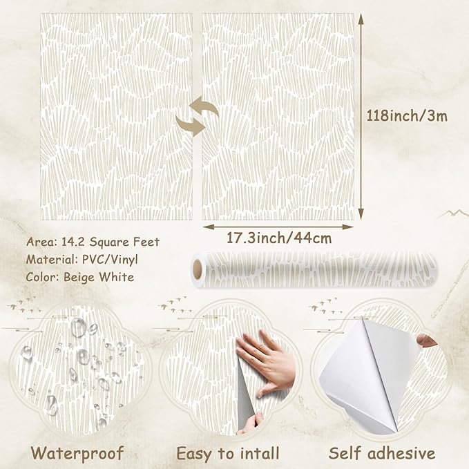 Theper Beige Peel and Stick Wallpaper Boho 17.3"×118" Modern Striped Removable