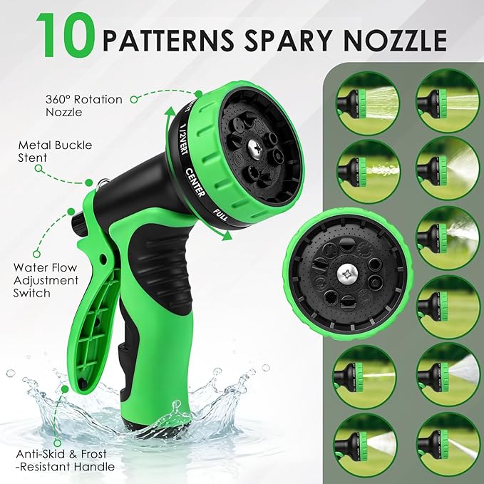 Garden Hose 25 FT, Non-Expanding Lightweight High-Pressure Water Hose with 10 Spray Nozzle, Portable No Kink Flexible Garden Hoses Pipe for Outdoor, Lawn, Yard, Car, House(500 PSI Max, 3/4" GHT)