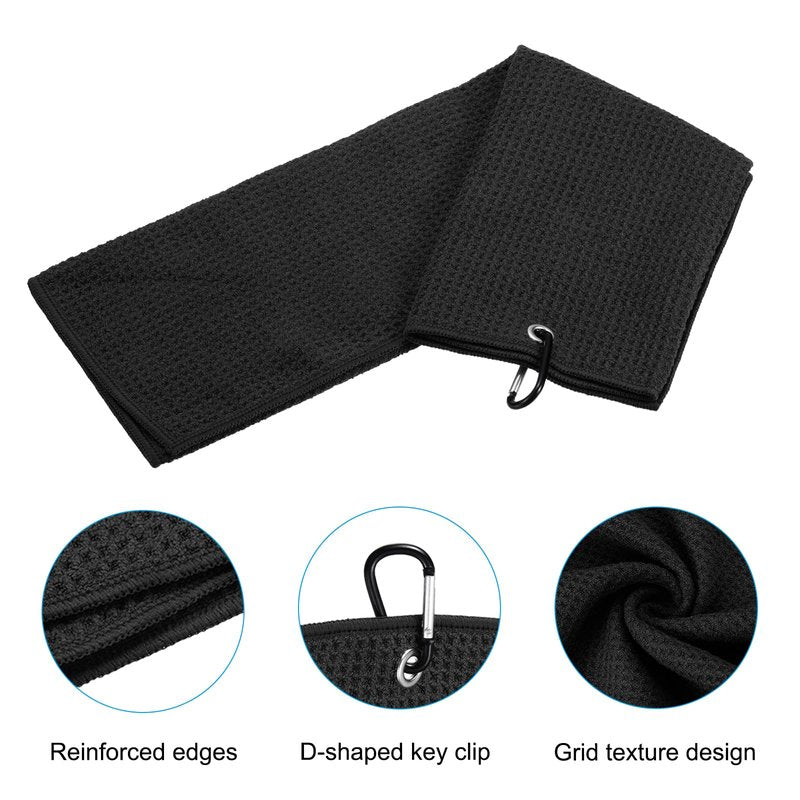 PATIKIL 12"x12" Tri-Fold Golf Towels, 2 Pack Waffle Pattern Towels Soft Fiber Strong Water Absorption with D Clip for Golf Lovers, Black