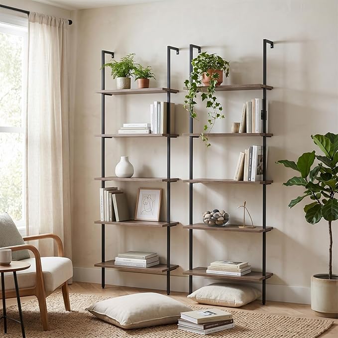 aboxoo Ladder Shelf 2PCS Open Bookshelf 5-Tier Wall-Mounted Wood Bookcase Rack