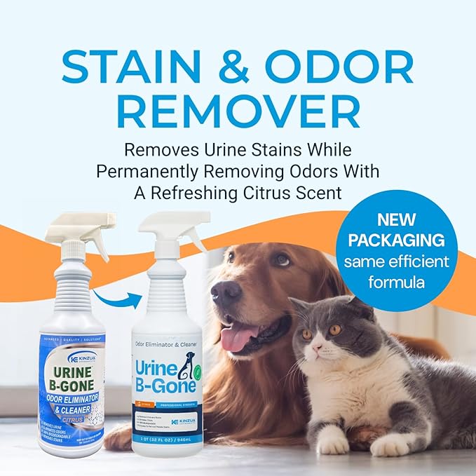 KINZUA ENVIRONMENTAL Urine B-Gone, Professional Enzyme Odor Eliminator & Pet Stain Remover, Human, Cat & Dog Urine Cleaner, Effective on Laundry, Carpets & More, Citrus Scent, 32oz