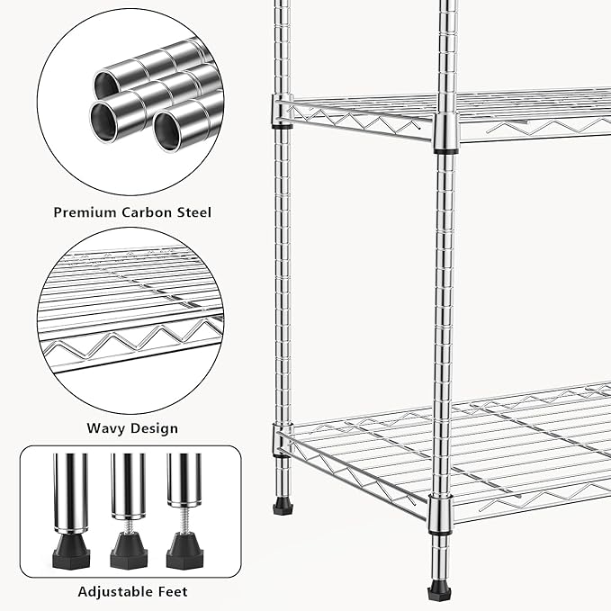 1000 lbs 4Tier Shelf Metal Storage Shelves Wire Rack Closet Organizers with Wheel for Garage Kitchen Bathroom Laundry Chrome 13.7" D x 29.5" W x 47.2" H