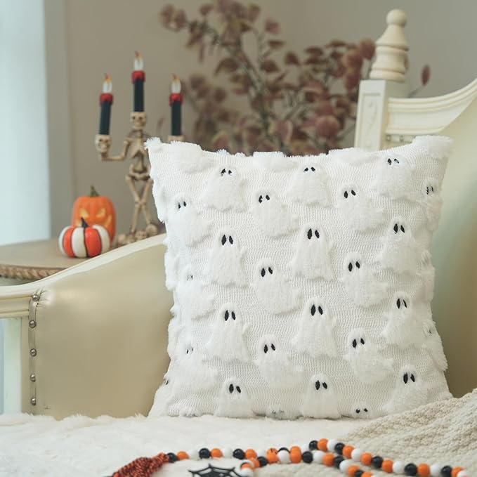 GEEORY Halloween Ghost Soft Plush Pillow Covers, 18 x 18 Inch Set of 2, Fluffy Faux Fur Wool Decorative Farmhouse Cushion Case for Sofa Home Decoration White GC026-18