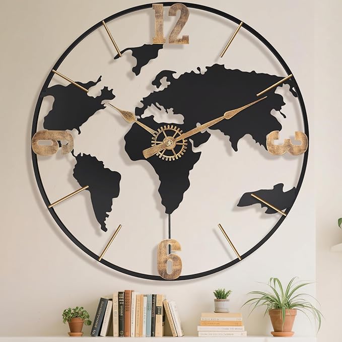 Pytha Sight 24 Inch Large Wall Clock, Modern Decorative Big World Map
